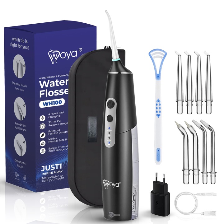 Hordozható Szájzuhany Woya® WH100, Vízálló, 8 Professzionális Fúvóka, Nyelv- és Parodontitis Ápolására, 6 Tisztítási Program, 2 Intenzitási Szint, 1400 Pulzáció/perc, Újratölthető, 2000mAh Akkumulátor, 200 ml Tartály, Vezeték Nélküli, Fekete