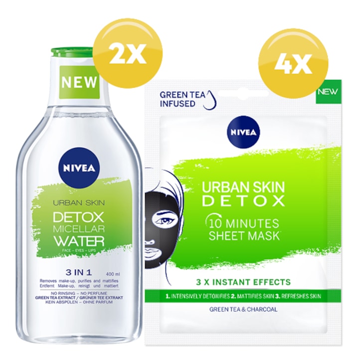 Комплект Nivea Urban Skin Detox: Мицеларна вода Nivea Urban Skin Detox, 400 мл x 2 броя + Маска лист Nivea Urban Skin Detox, 1 x 4 броя