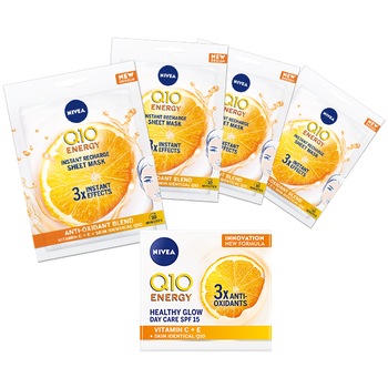 Pachet Promo Nivea Q10 Energy: Crema de zi Nivea Q10 Energy, 50 ml + Masca servetel Nivea Q10 Energy 1 x 4 bucati Pachet Promo Nivea Q10 Energy: Crema de zi Nivea Q10 Energy, 50 ml + Masca servetel Nivea Q10 Energy 1 x 4 bucati