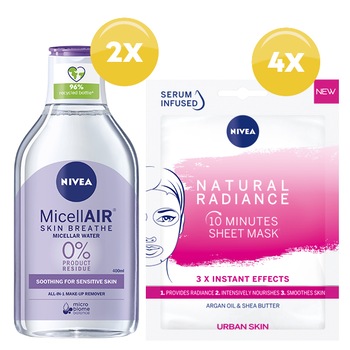 Pachet Promo Nivea Skin Breathe: Apa micelara Nivea Micellair Skin Breathe pentru ten sensibil, 400 ml x 2 bucati + Masca servetei Nivea Natural Radiance 1 x 4 bucati Pachet Promo Nivea Skin Breathe: Apa micelara Nivea Micellair Skin Breathe pentru ten sensibil, 400 ml x 2 bucati + Masca servetei Nivea Natural Radiance 1 x 4 bucati