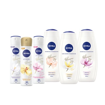Pachet Promo Nivea Blossom Up: Gel de dus, 500 ml x 3 bucati + Deodorant spray, 150 ml x 3 bucati Pachet Promo Nivea Blossom Up: Gel de dus, 500 ml x 3 bucati + Deodorant spray, 150 ml x 3 bucati