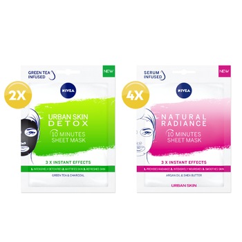 Pachet Promo Nivea Mask Kit: Masca servetel Nivea Urban Skin Detox 1 x 4 bucati + Masca servetel Nivea Natural Radiance 1 x 2 bucati Pachet Promo Nivea Mask Kit: Masca servetel Nivea Urban Skin Detox 1 x 4 bucati + Masca servetel Nivea Natural Radiance 1 x 2 bucati