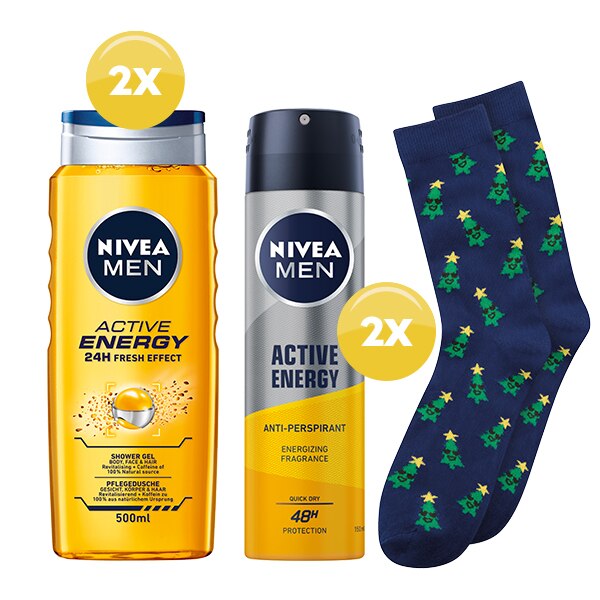 Set cadou Nivea Men Active Energy: Deodorant spray Nivea Men Active Energy, 150 ml + Gel de dus Nivea Men Active Energy, 500 ml + Sosete cadou