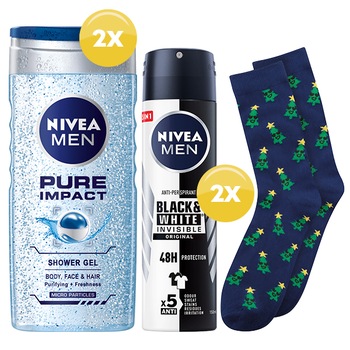 Set cadou Nivea Men Pure Impact: 2 x Deodorant spray Nivea Men Invisible Black & White Power, 150 ml + 2 x Gel de dus Nivea Men Pure Impact, 500 ml + Sosete cadou Set cadou Nivea Men Pure Impact: 2 x Deodorant spray Nivea Men Invisible Black & White Power, 150 ml + 2 x Gel de dus Nivea Men Pure Impact, 500 ml + Sosete cadou