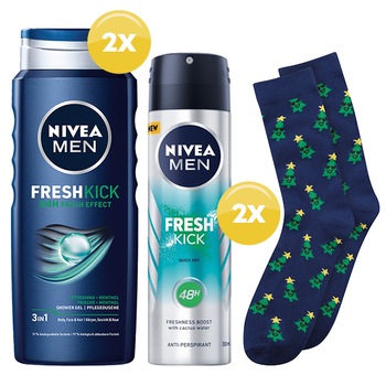 Set cadou Nivea Men Fresh Kick: Deodorant spray Nivea Men Fresh Kick, 150 ml + Gel de dus Nivea Fresh kick, 500 ml + Sosete cadou Set cadou Nivea Men Fresh Kick: Deodorant spray Nivea Men Fresh Kick, 150 ml + Gel de dus Nivea Fresh kick, 500 ml + Sosete cadou