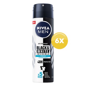 Pachet Promo: Deodorant spray Nivea Men Black & White Invisible Fresh, 150 ml x 6 bucati Pachet Promo: Deodorant spray Nivea Men Black & White Invisible Fresh, 150 ml x 6 bucati