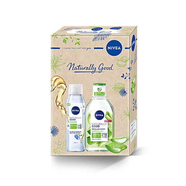 Set cadou Nivea Naturally Good: Apa micelara Nivea Naturally Good, 400 ml + Gel de dus Nivea Naturally Good cu bumbac si ulei de argan bio, 300 ml