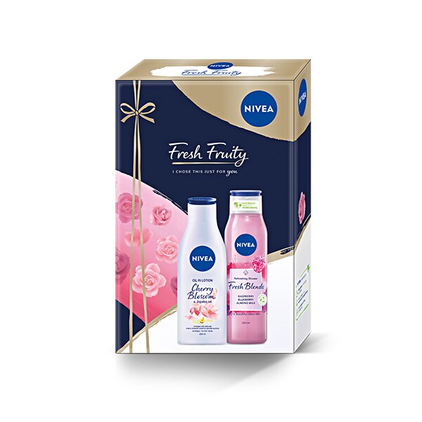 Set cadou Nivea Fresh Fruity: Lotiune de corp Nivea Body Cherry Blossom, 200 ml + Gel de dus Nivea Fresh Blends cu zmeura, 300 ml