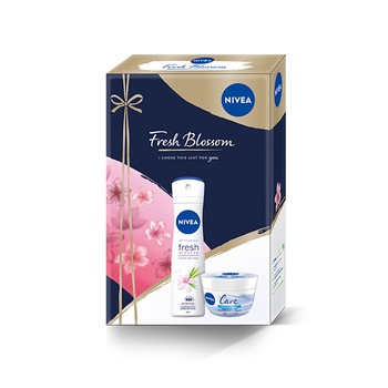 Set cadou Nivea Fresh Blossom: Crema de corp Nivea Care, 100 ml + Deodorant spray Nivea Fresh Blossom, 150 ml Set cadou Nivea Fresh Blossom: Crema de corp Nivea Care, 100 ml + Deodorant spray Nivea Fresh Blossom, 150 ml