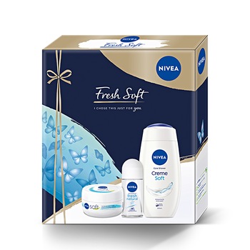 Set cadou Nivea Fresh Soft: Crema de corp Nivea Creme Soft, 100 ml + Gel de dus Nivea Creme Soft, 250 ml + Deodorant roll-on Nivea Fresh Natural, 50 ml Set cadou Nivea Fresh Soft: Crema de corp Nivea Creme Soft, 100 ml + Gel de dus Nivea Creme Soft, 250 ml + Deodorant roll-on Nivea Fresh Natural, 50 ml