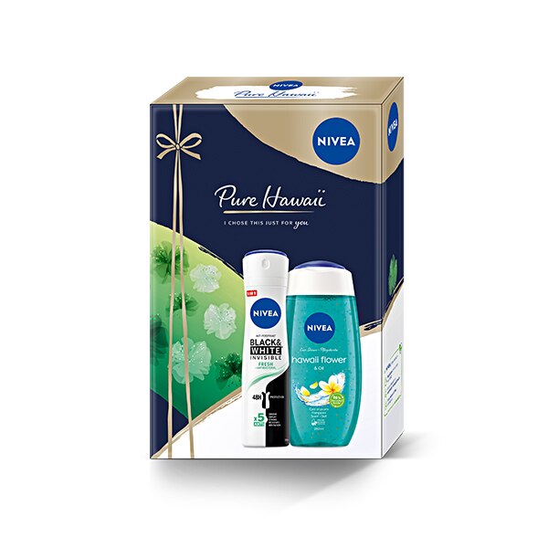 Set cadou Nivea Pure Hawaii: Gel de dus Nivea Hawaii Flower & Oil, 250 ml + Deodorant spray Nivea Black & White Invisible Fresh, 150 ml