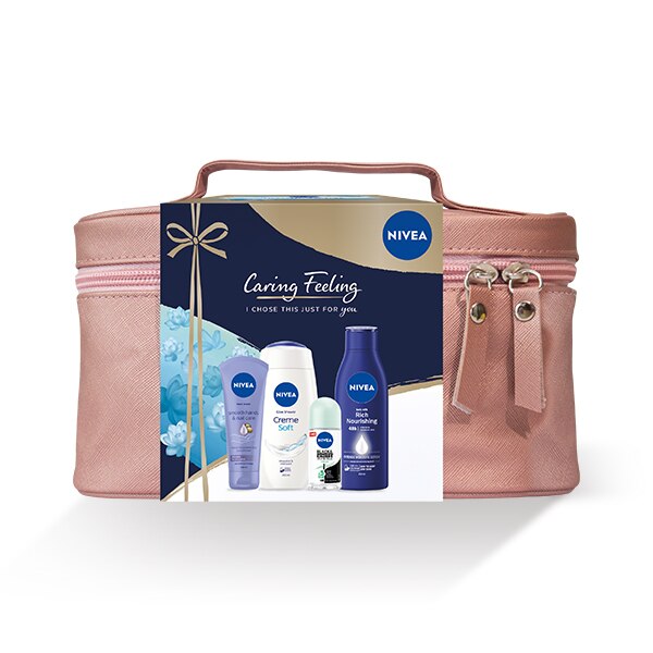 Set cadou Nivea Body Caring Feeling: Lapte de corp Nivea Body Rich Nourishing, 250 ml + Gel de dus Nivea Creme Soft, 250 ml + Deodorant roll-on Nivea Black & White Invisible, 50 ml + Crema de maini Nivea Smooth, 100 ml