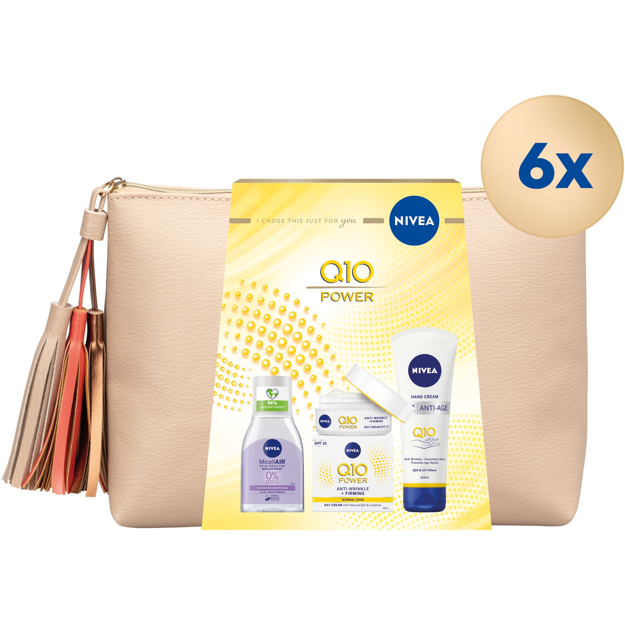 Pachet Promo: 6 bucati x Set cadou Nivea Q10 Expert Box: Crema de zi anti-rid Nivea Q10 Power, 50 ml + Apa micelara Nivea Mini pentru ten sensibil, 100 ml + Crema de maini 3in1 Nivea Q10 anti-imbatranire, 100 ml + Geanta cadou Nivea Q10 Power