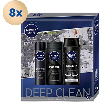 Pachet Promo: 8 bucati x Set cadou Nivea Men Deep Trio Box: Sampon Nivea Men Deep, 250 ml + Gel de dus Nivea Men Deep, 250 ml + Deodorant spray Nivea Men Deep, 150 ml Pachet Promo: 8 bucati x Set cadou Nivea Men Deep Trio Box: Sampon Nivea Men Deep, 250 ml + Gel de dus Nivea Men Deep, 250 ml + Deodorant spray Nivea Men Deep, 150 ml