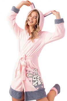 Halat cocolino de casa dama, pufos, cu gluga, imprimeu Iepuras 1227, Corai Halat cocolino de casa dama, pufos, cu gluga, imprimeu Iepuras 1227, Corai