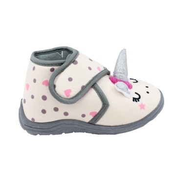 Incaltaminte interior, material textil, cu scai, unicorn, crem cu buline Incaltaminte interior, material textil, cu scai, unicorn, crem cu buline