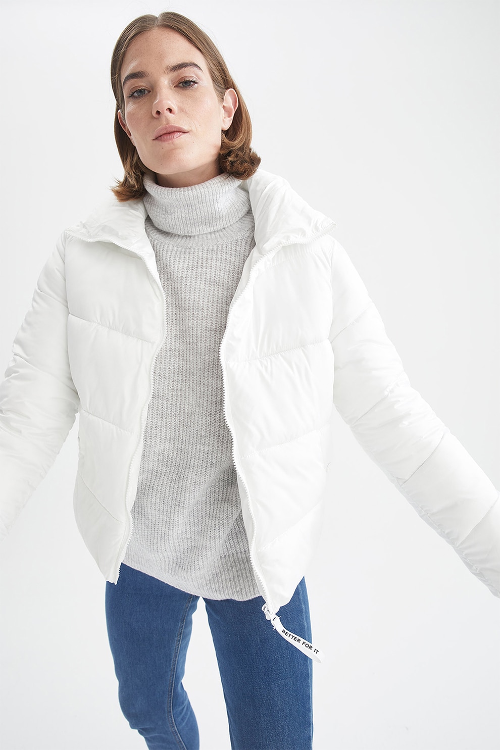 DeFacto, Geaca matlasata cu guler inalt, Alb