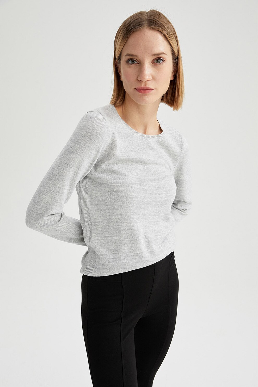 DeFacto, Pulover tricotat fin cu decolteu la baza gatului, Gri melange