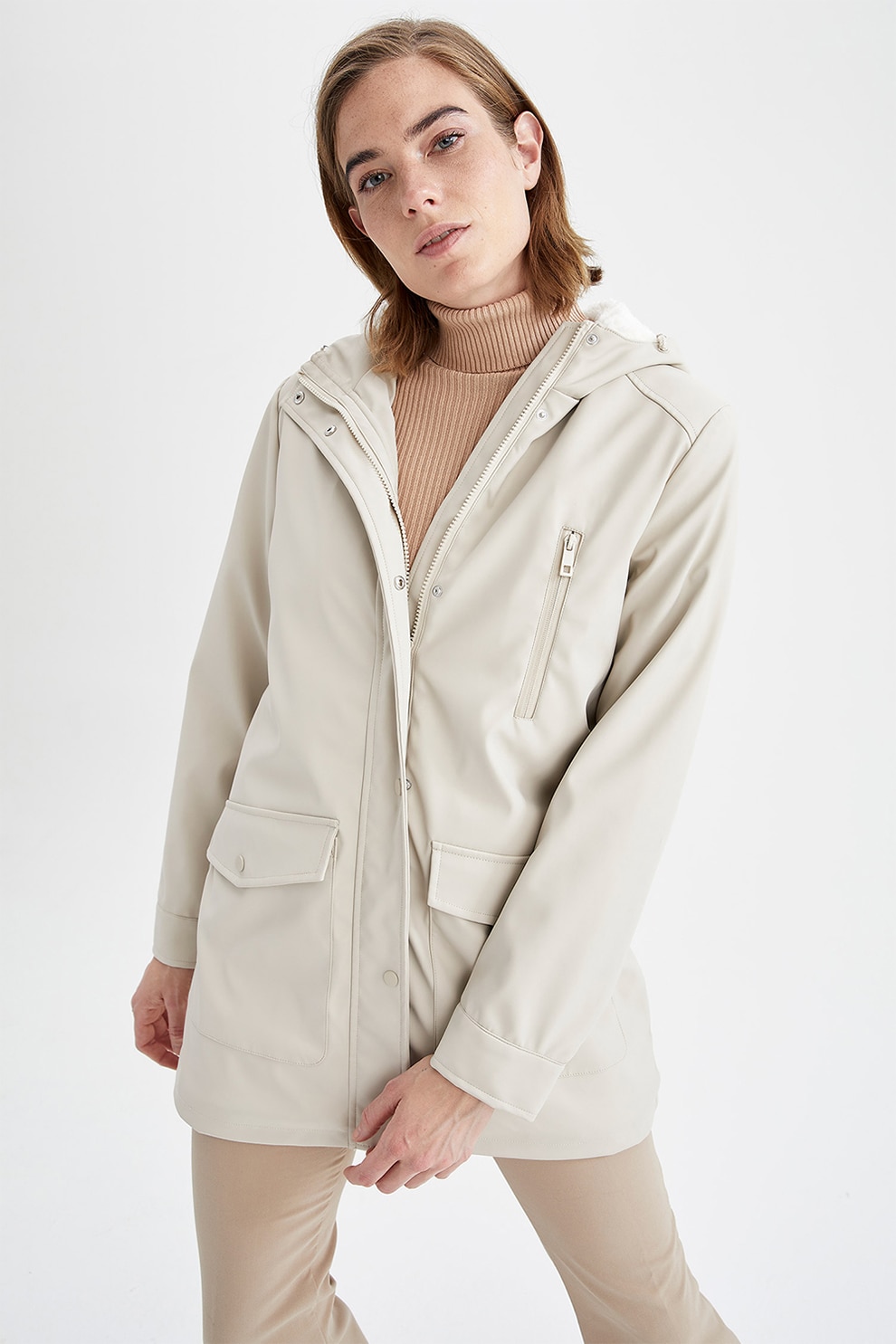 DeFacto, Geaca de piele ecologica cu gluga, Alb fildes