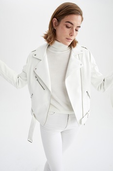 DeFacto, Jacheta biker din piele ecologica, Alb DeFacto, Jacheta biker din piele ecologica, Alb