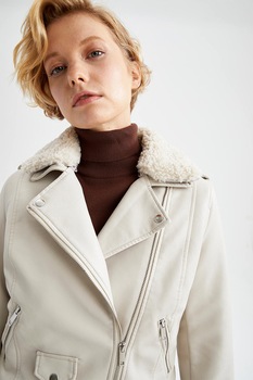 DeFacto, Jacheta biker din piele ecologica cu blana sintetica, Alb fildes DeFacto, Jacheta biker din piele ecologica cu blana sintetica, Alb fildes