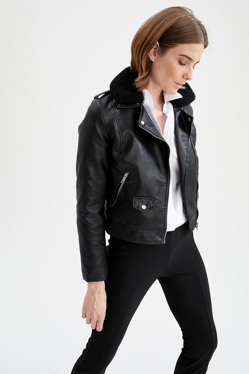 DeFacto, Jacheta biker din piele ecologica cu blana sintetica, Negru