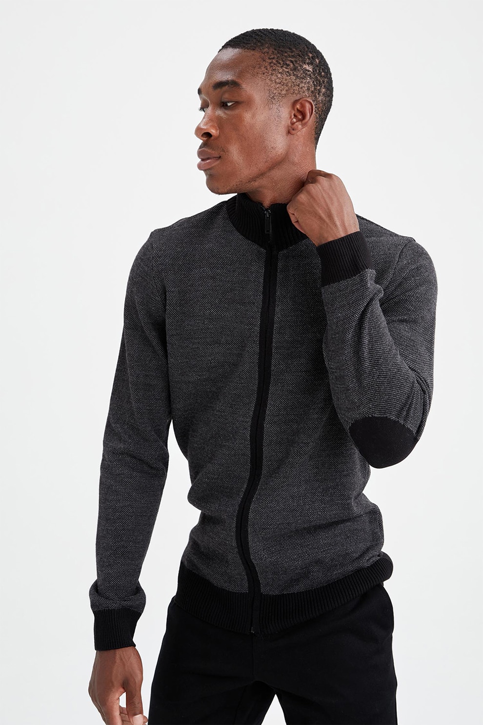 DeFacto, Cardigan slim fit cu fermoar si decoratii pe umeri, Negru melange