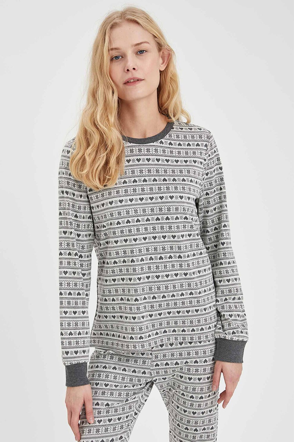 DeFacto, Bluza de pijama slim fit cu model, Gri/Alb