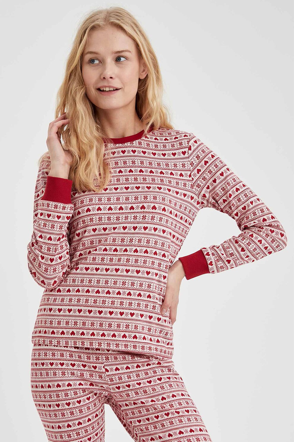 DeFacto, Bluza de pijama slim fit cu model, Rosu/Alb