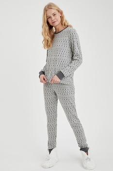 DeFacto, Pantaloni de pijama cu model grafic, Gri inchis/Alb