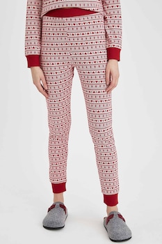 DeFacto, Pantaloni de pijama cu model grafic, Rosu inchis/Alb