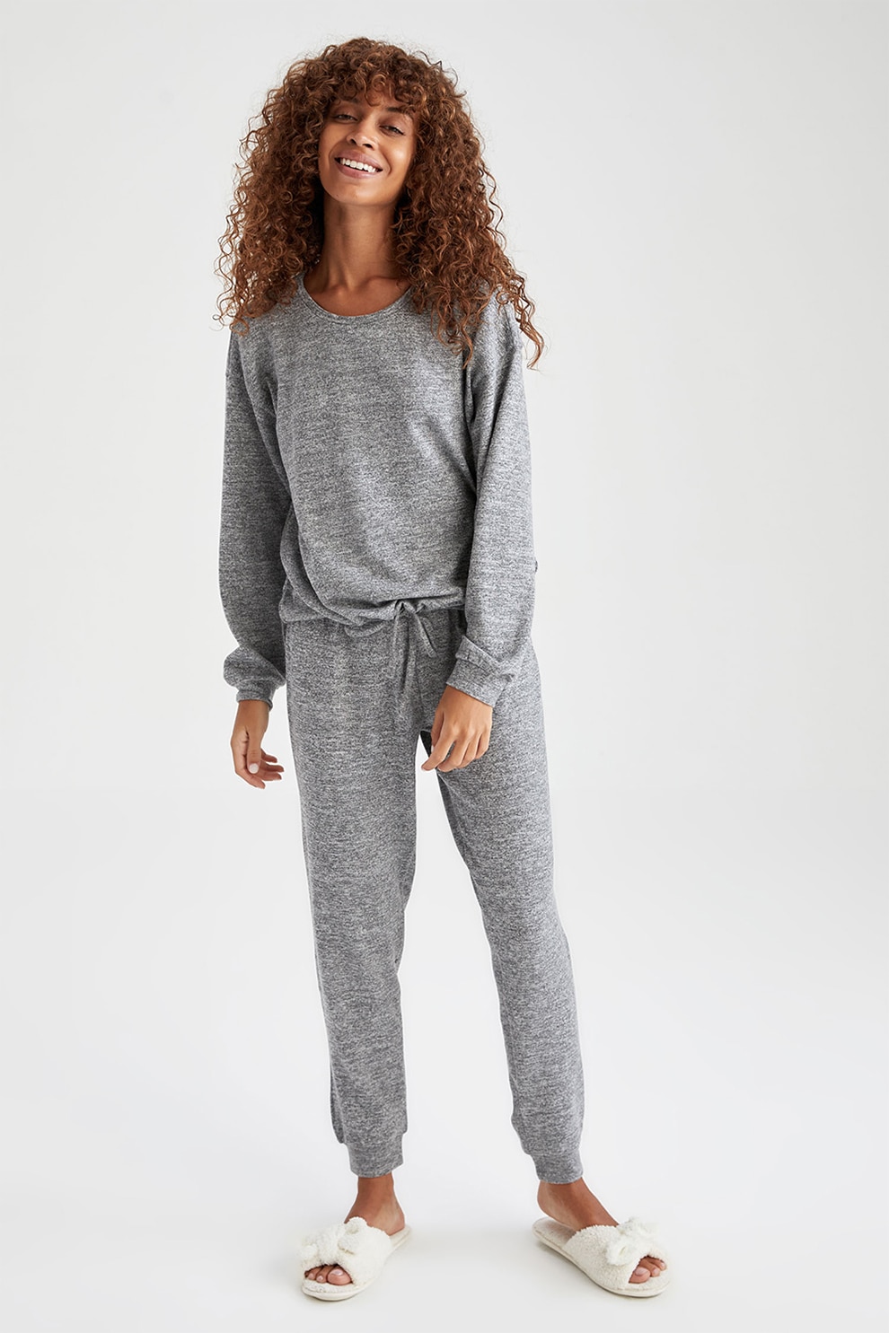 DeFacto, Pijama lunga cu snururi pentru ajustare, Gri melange
