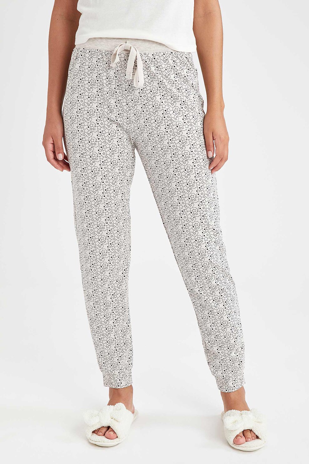 DeFacto, Pantaloni de pijama din amestec de bumbac cu imprimeu grafic, Alb/Negru