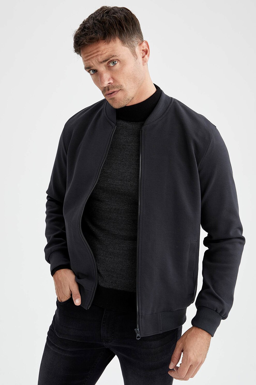 DeFacto, Jacheta bomber cu fermoar si buzunare laterale, Gri antracit