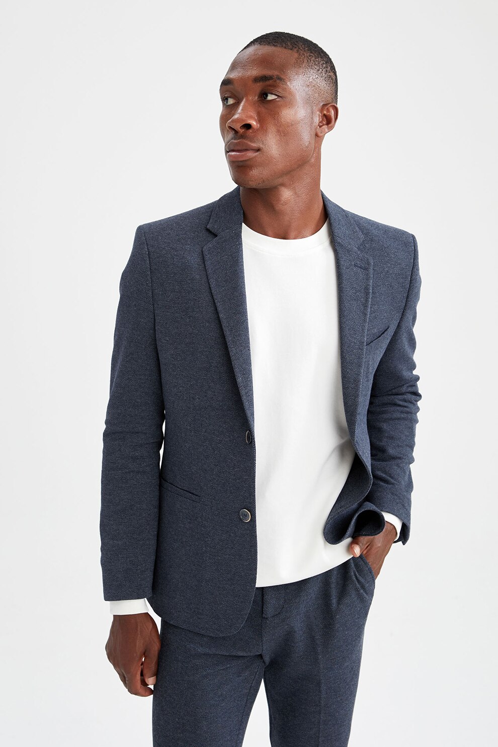 DeFacto, Sacou slim fit texturat, Albastru inchis