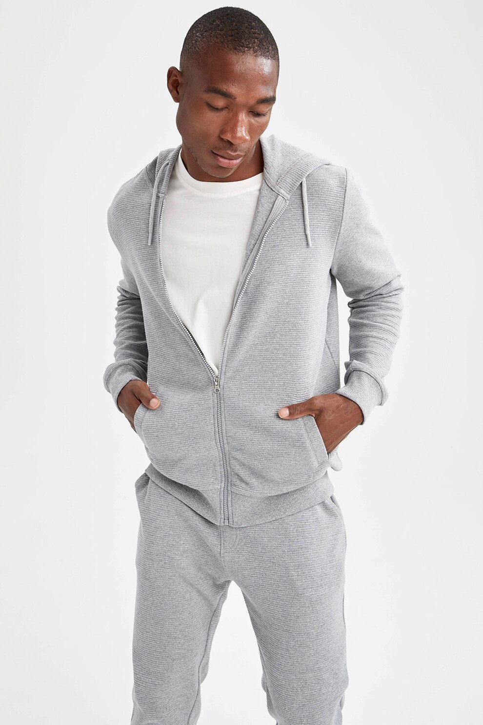 DeFacto, Hanorac regular fit cu fermoar si aspect texturat, Gri deschis