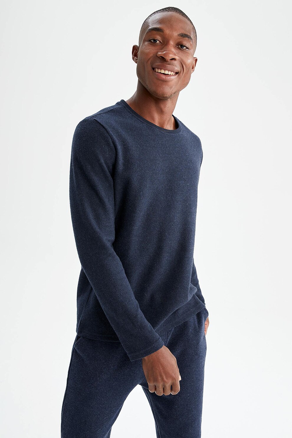 DeFacto, Bluza slim fit cu decolteu la baza gatului, Bleumarin