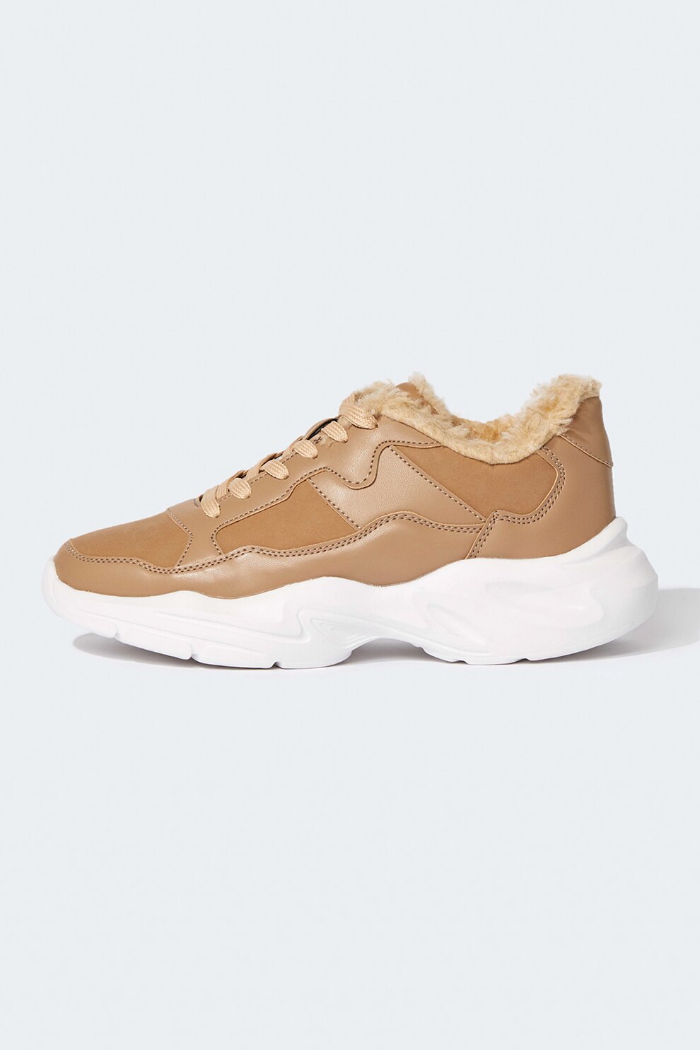 DeFacto, Pantofi sport de piele ecologica cu talpa demi-wedge, Maro caramel