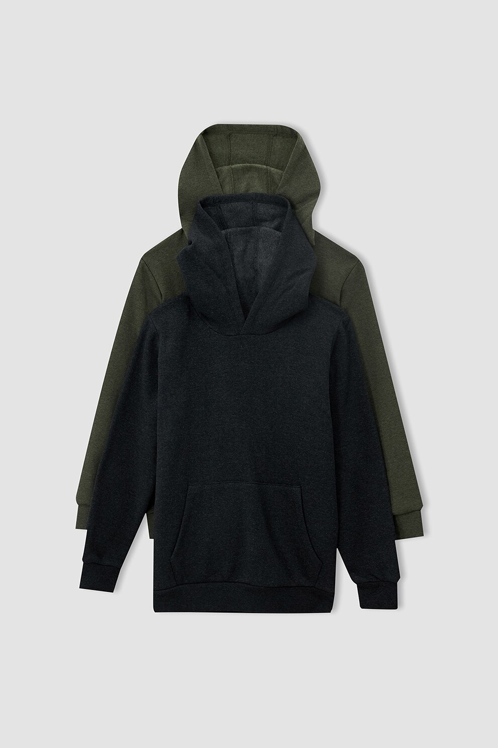 DeFacto, Set de hanorace cu buzunar kangaroo - 2 piese, Negru/kaki