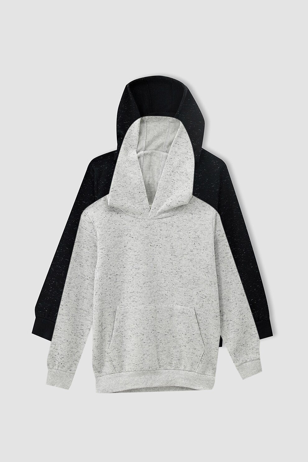 DeFacto, Set de hanorace cu buzunar kangaroo - 2 piese, Gri melange/Negru