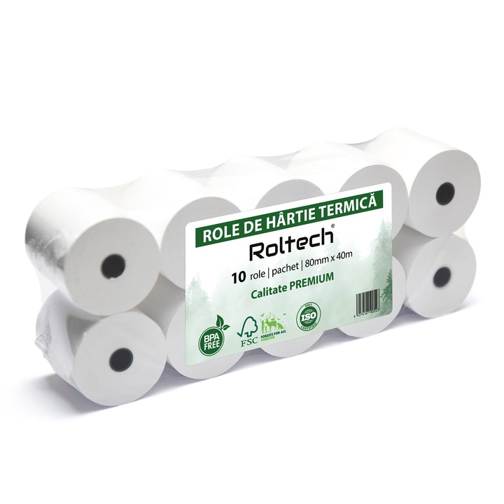 Role hartie termica ROLTECH, 80mm x 40m, tub 12mm, 10 role/pachet