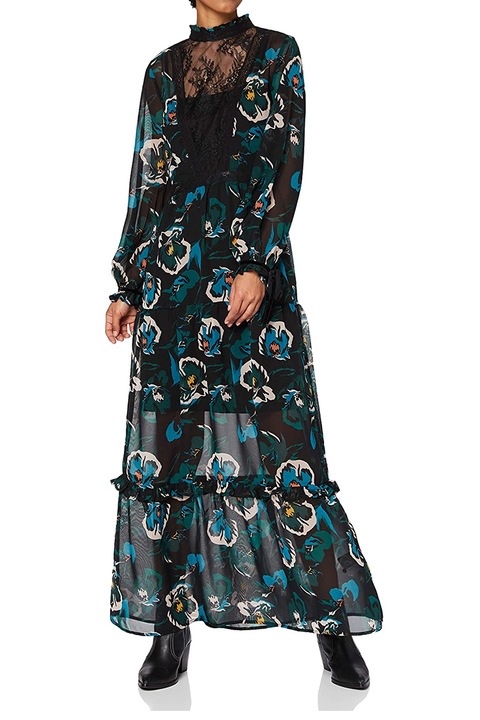 Дамска дълга рокля Find , Мрежесто дантелено деколте, Дълги ръкави, Черен/многоцветен