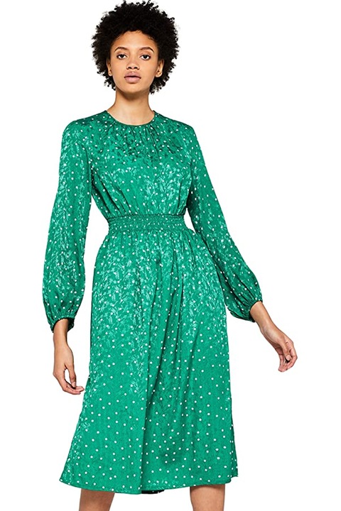 Дамска рокля Find, На точки, Дълги ръкави тип балон, Миди дължина, Зелен