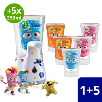 Pachet Promo Dettol No Touch Kids: Dozator sapun lichid cu senzor + 5 rezerve sapun, 250 ml Pachet Promo Dettol No Touch Kids: Dozator sapun lichid cu senzor + 5 rezerve sapun, 250 ml