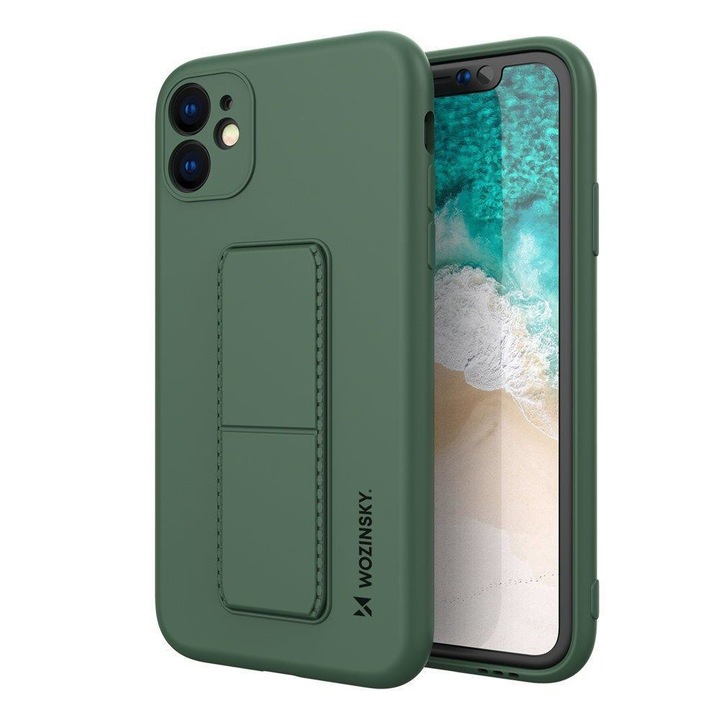 Apple iPhone 12 / 12 Pro Wozinsky Kickstand Case rugalmas szilikon tok mágneses kitámasztóval, Sötétzöld
