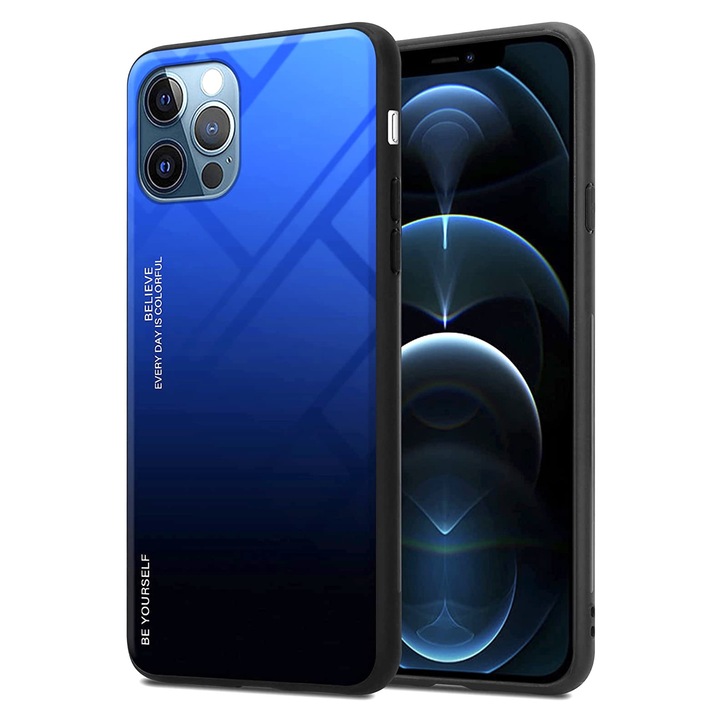 Husa model Gradient cu spatele din sticla compatibila cu iPhone 11 Pro Max, Negru-Albastru