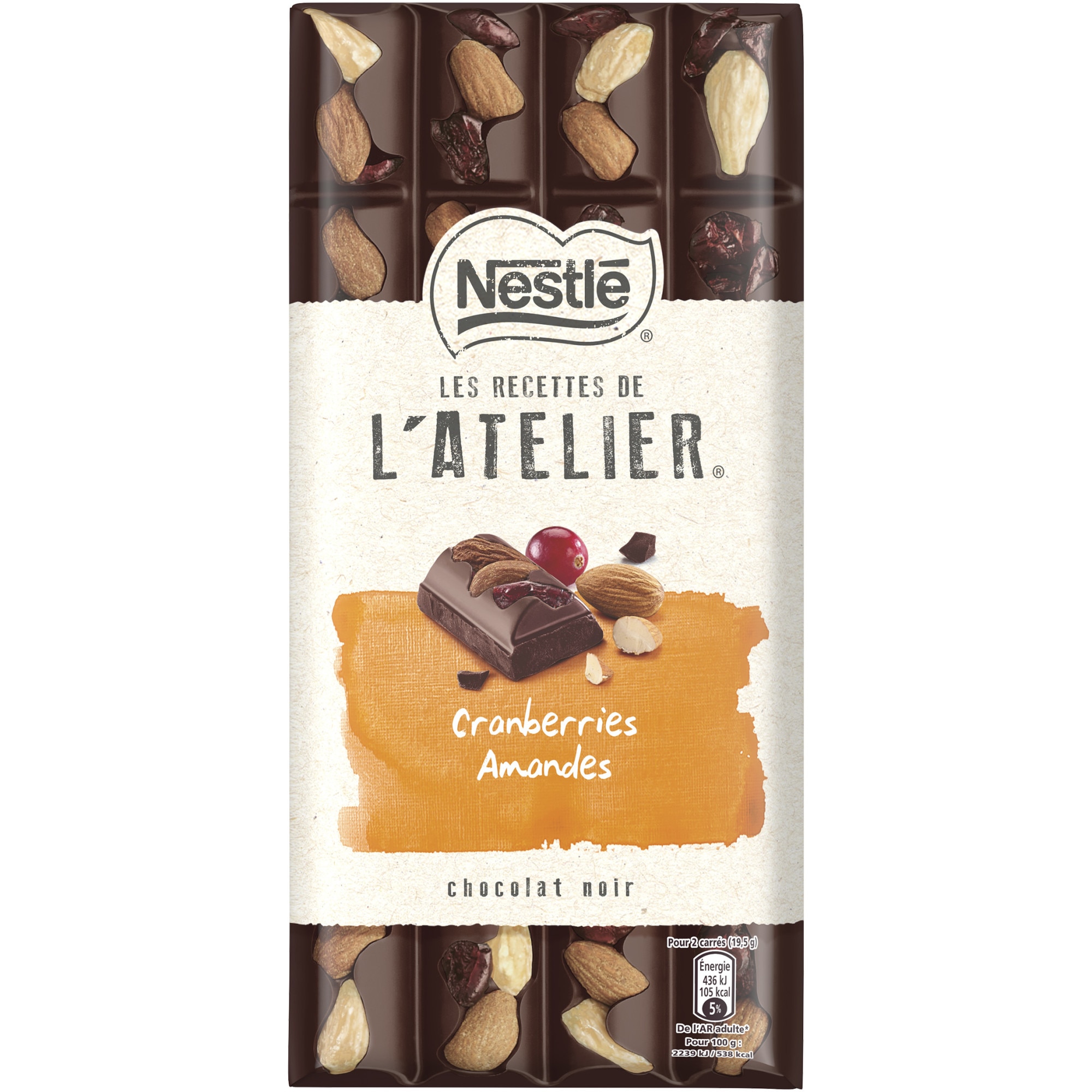 Ciocolata neagra cu merisoare confiate si migdale L'atelier, 170g