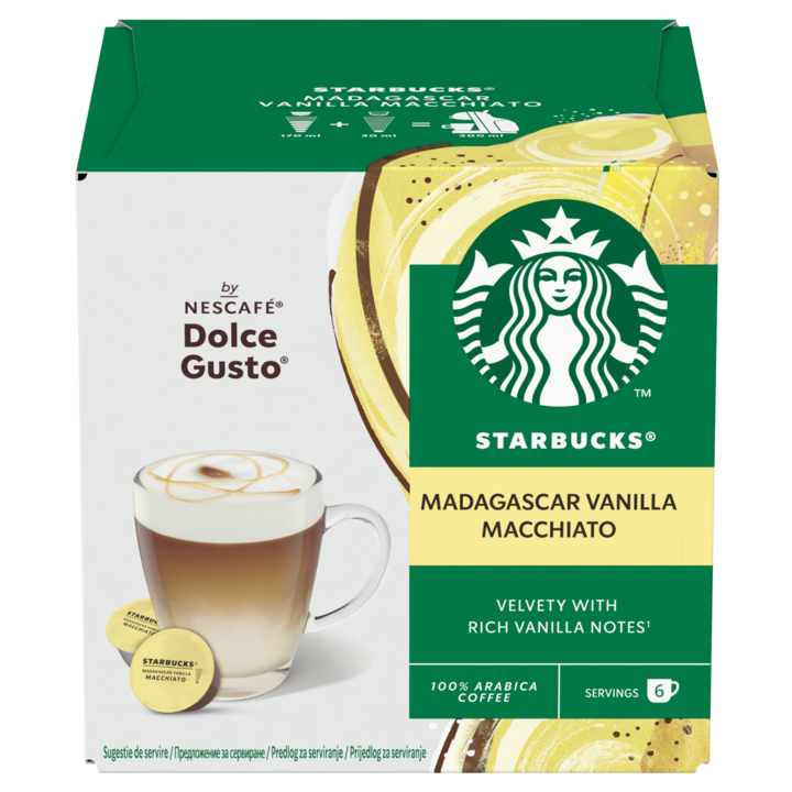 Cafea capsule, Starbucks Madagascar Vanilla Macchiato, compatibile Dolce Gusto, 6 bauturi, 12 buc, 132 g
