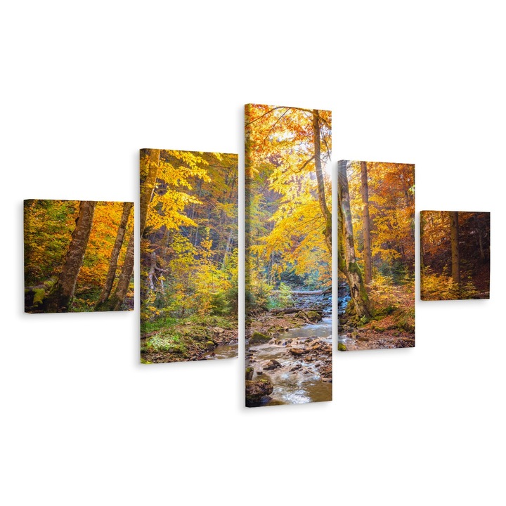 Set Tablou 5 Piese Padure Frunze ROCI Soare 3D 250cm x 150cm Creative decor, Canvas, Peisaj