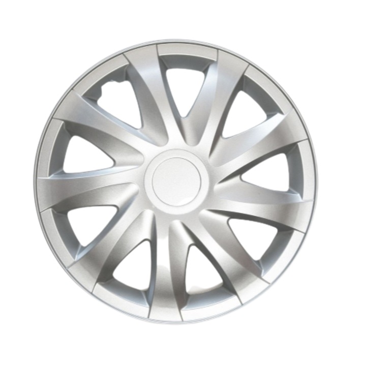 Set 4 capace jante universale 14'' Draco argintiu NRM, fabricate din plastic ABS rezistent la impact si intemperii, potrivite pentru majoritatea jantelor de otel, montare press-fit